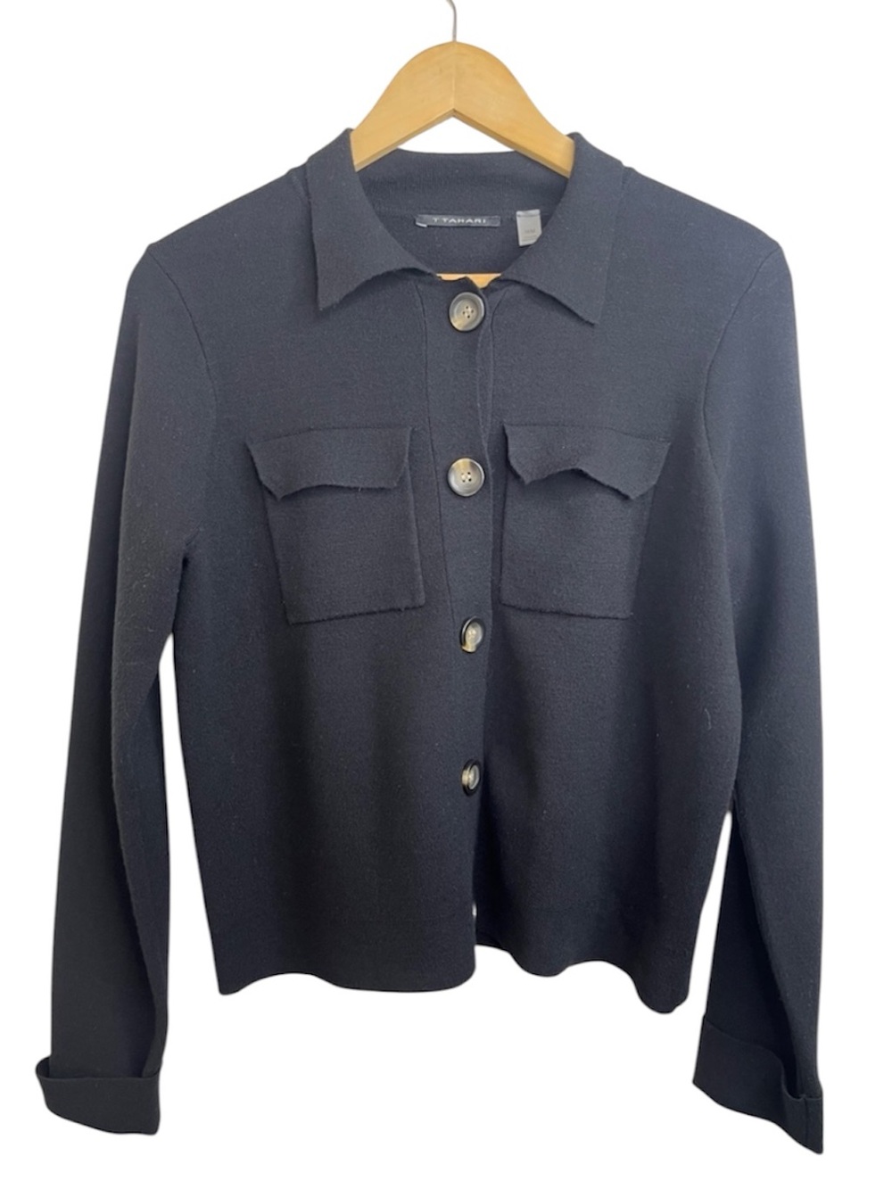 New Tahari Black Collar Button-Front Knit Cardigan Medium